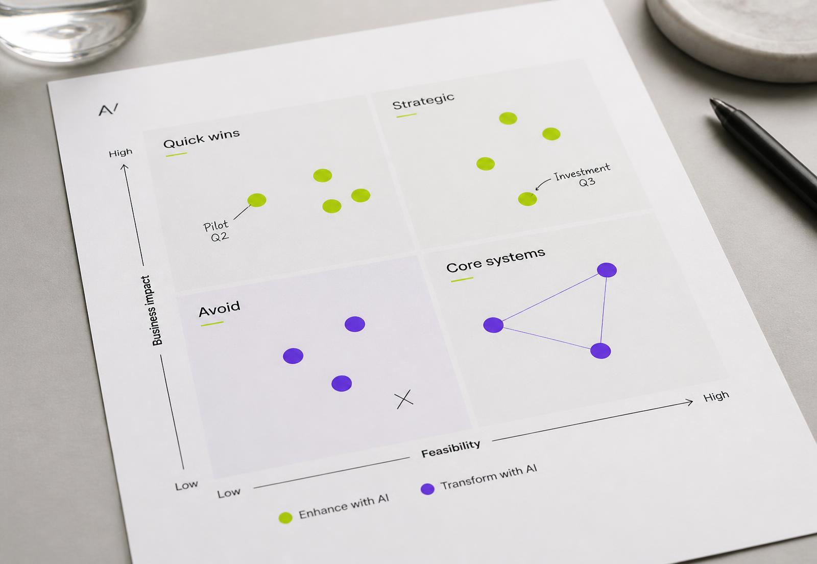 An AI priority matrix separating quick wins from larger transformation opportunities